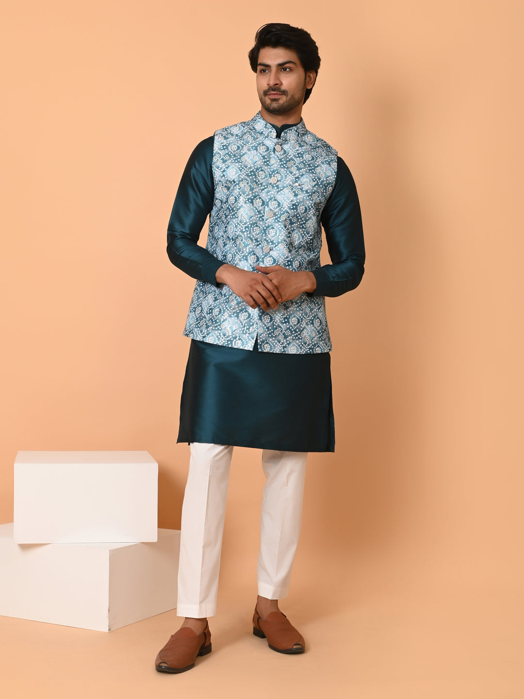 Bandhani Green Jacket Kurta Set - JM39921-14