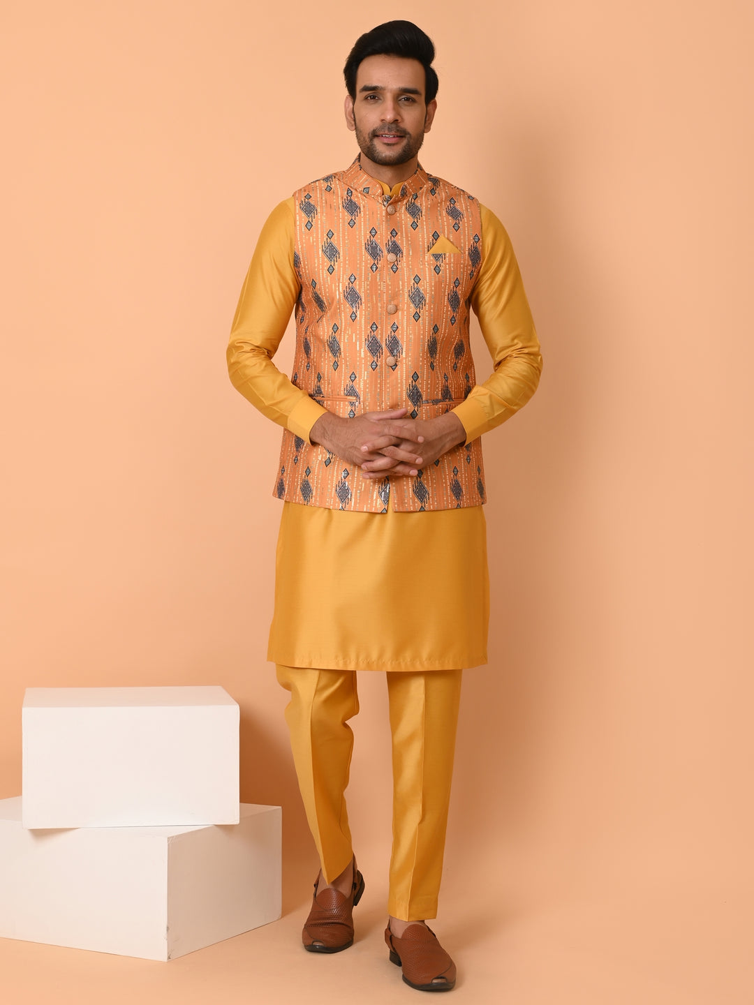 Geometric Mustard Jacket Kurta Set - JM39963-59