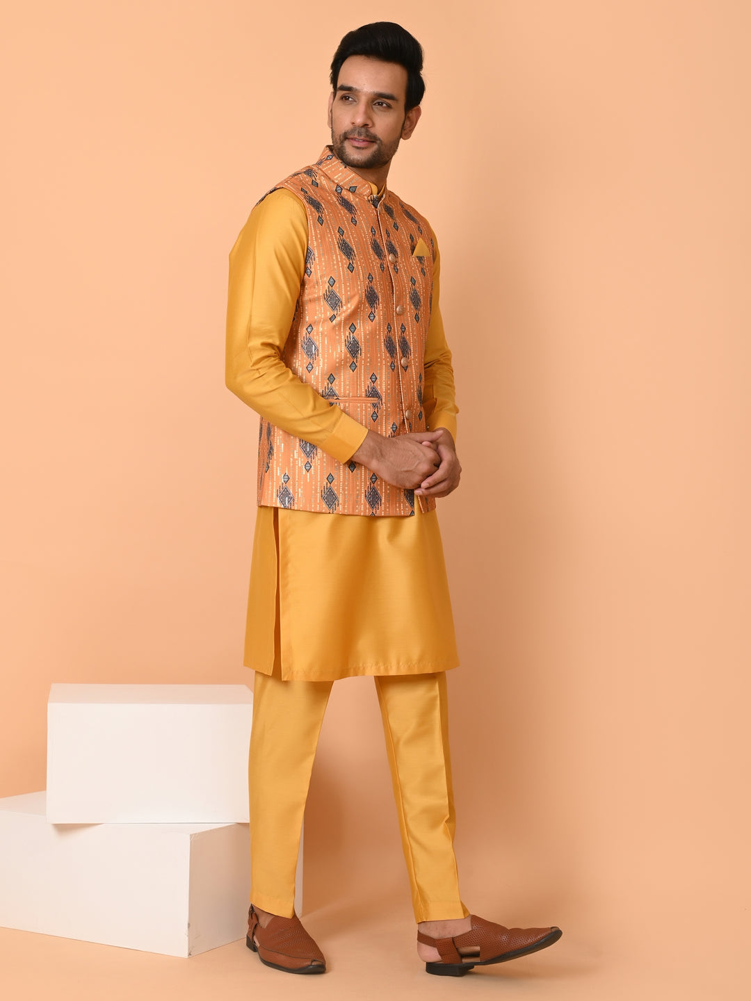 Geometric Mustard Jacket Kurta Set - JM39963-59