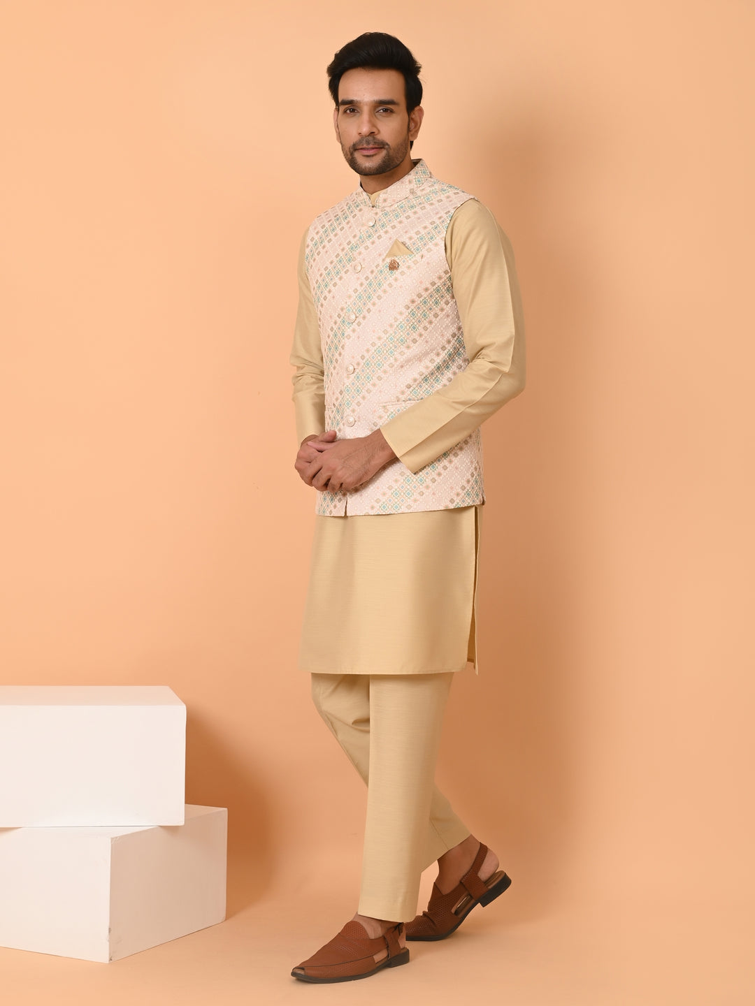 Striped Cream Jacket Kurta Set - JM40509-743A