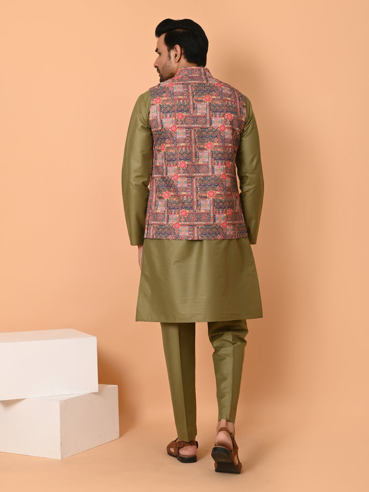 Abstract Green Jacket Kurta Set - JM40510-373A