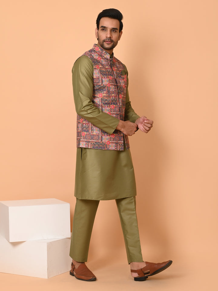 Abstract Green Jacket Kurta Set - JM40510-373A