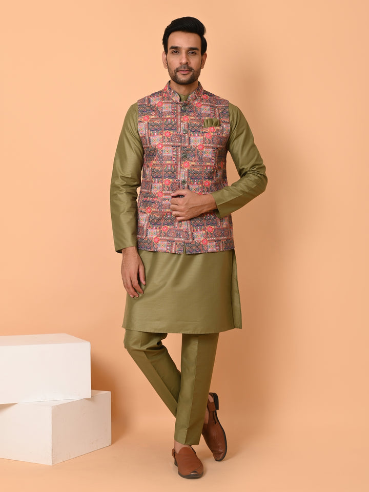 Abstract Green Jacket Kurta Set - JM40510-373A