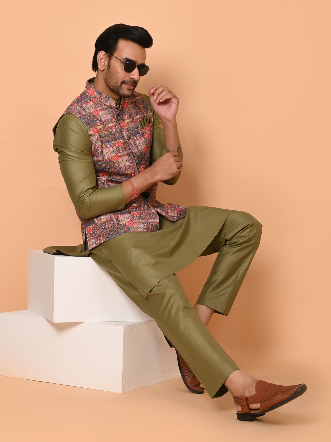 Abstract Green Jacket Kurta Set - JM40510-373A