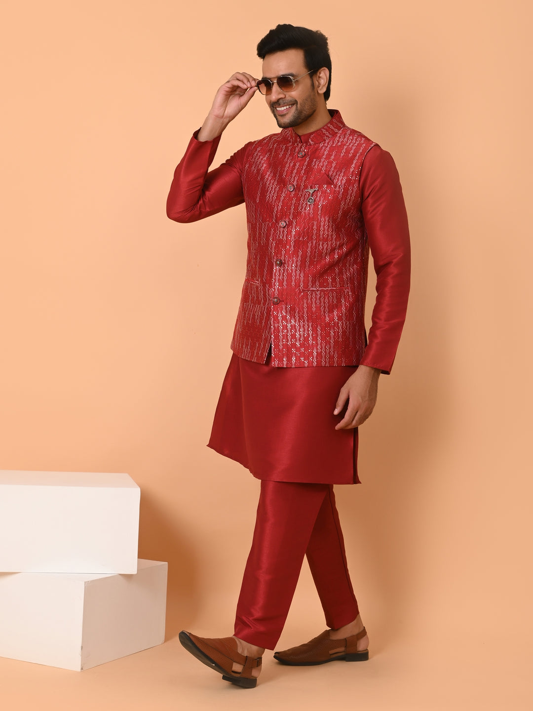 Sequence Maroon Jacket Kurta Set - JM40555-59