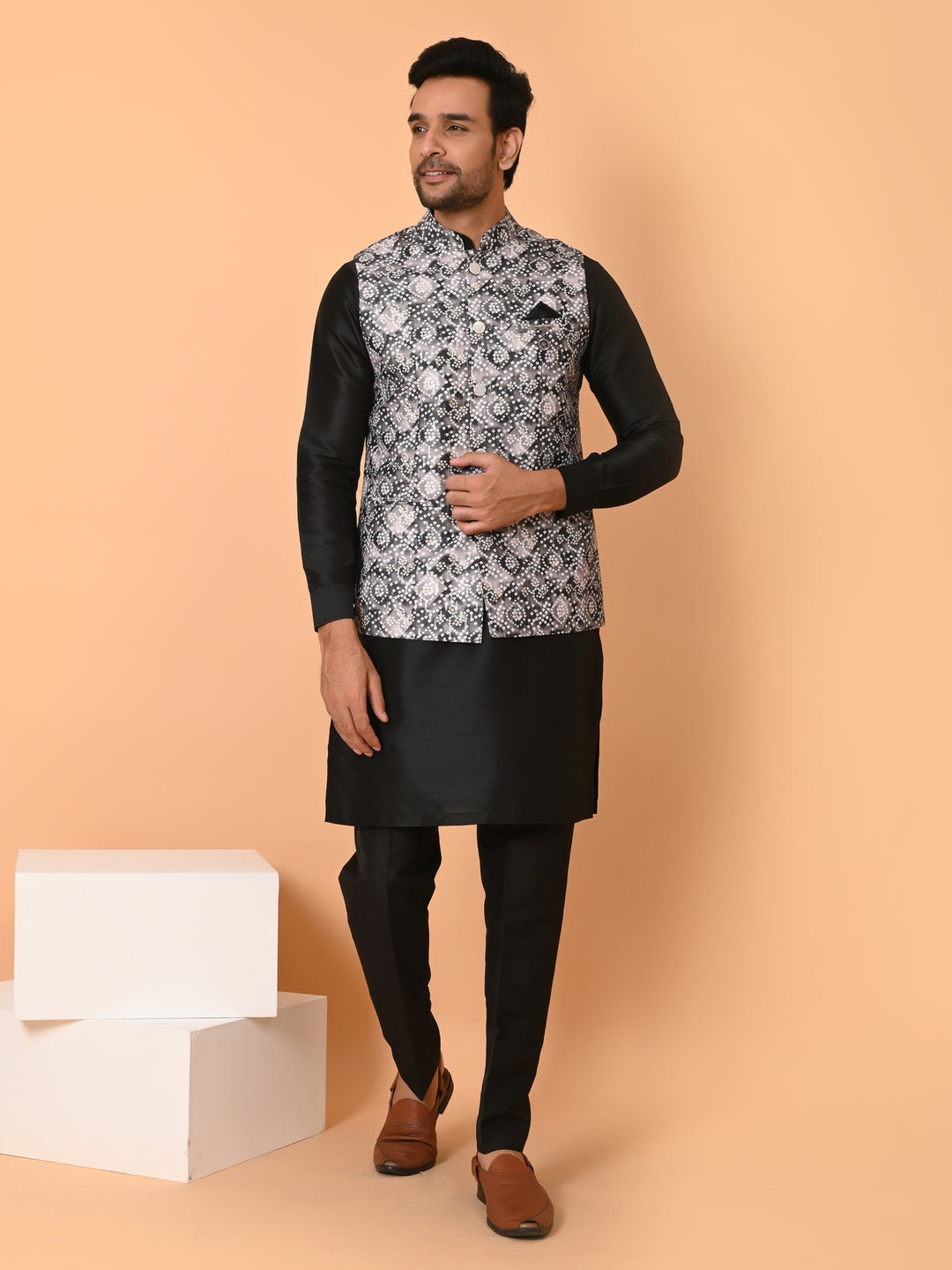 Bandhani Grey Jacket Kurta Set - JM39921-18