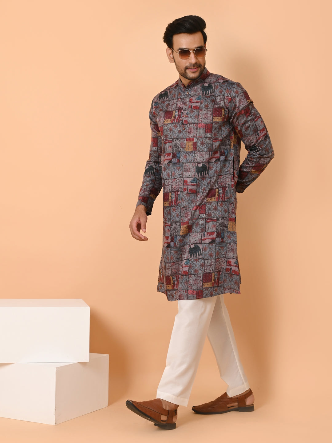 Abstract Grey Kurta Set - KM40881-1