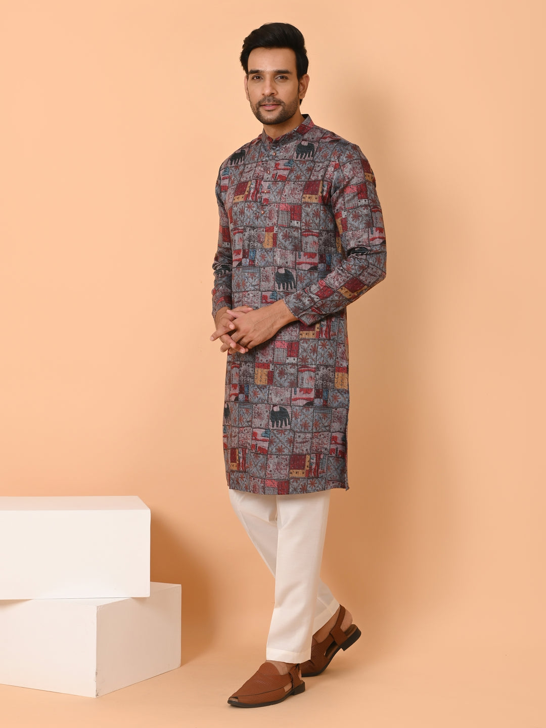 Abstract Grey Kurta Set - KM40881-1