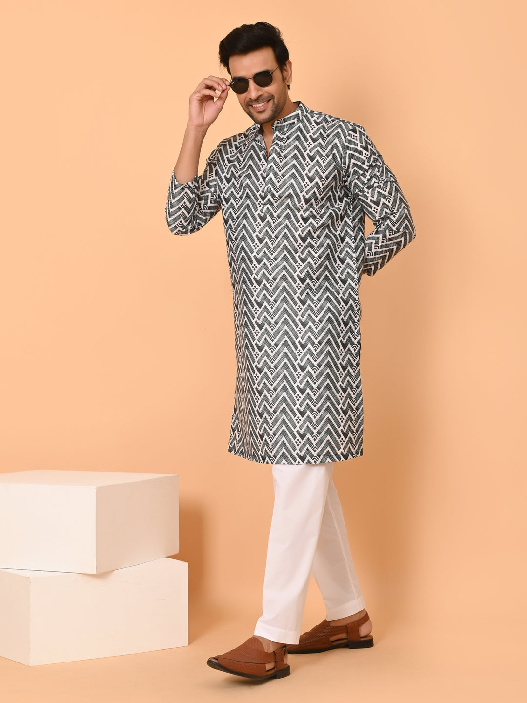 Zigzag Print Green Kurta Set - KM38301-262