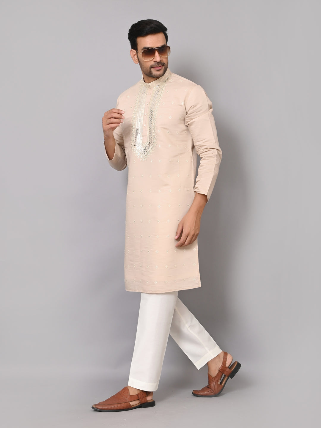 Mirror Work Peach Kurta Set - KM40986-13