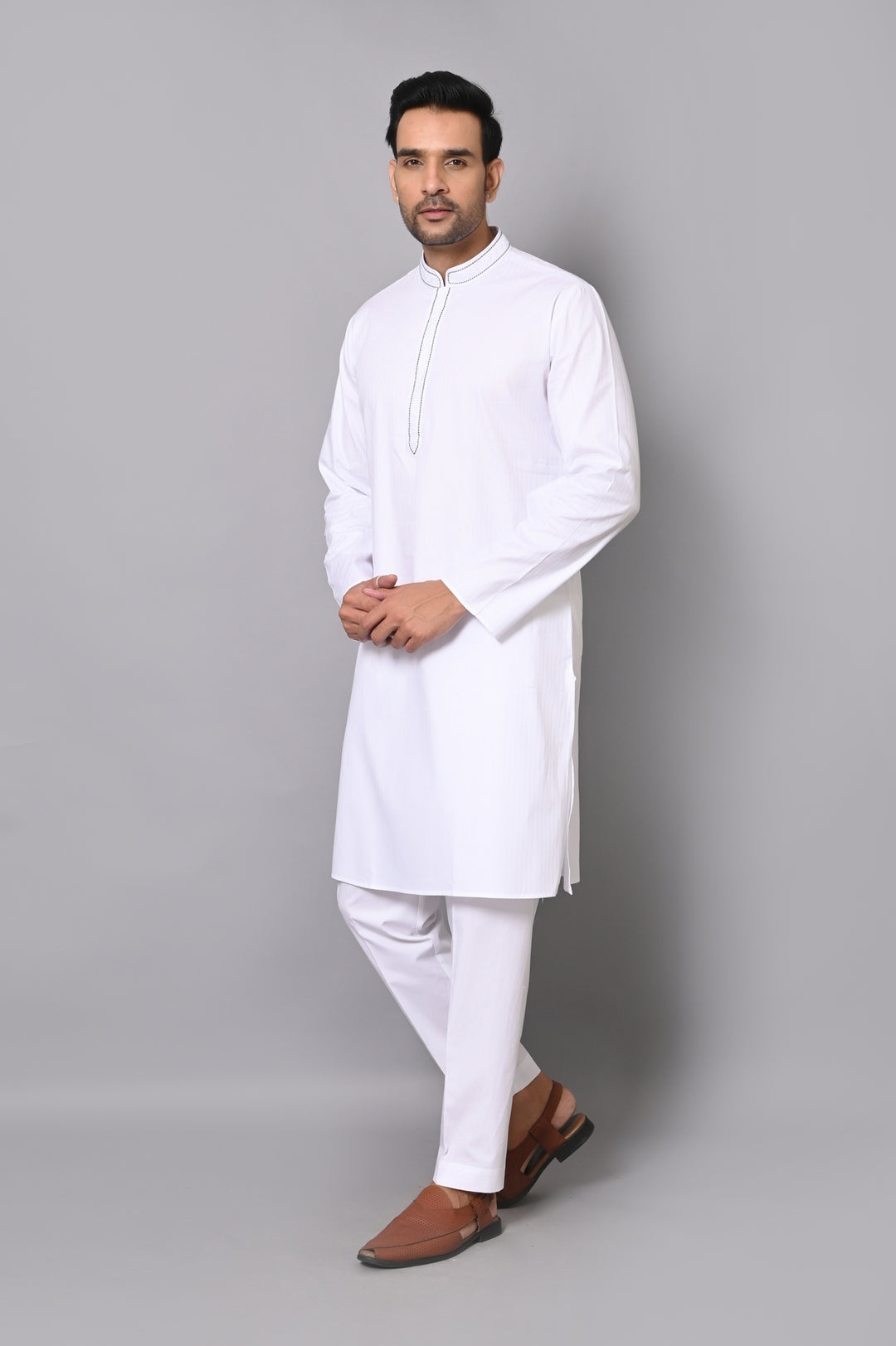 Striped White Kurta Set - KM40364-9