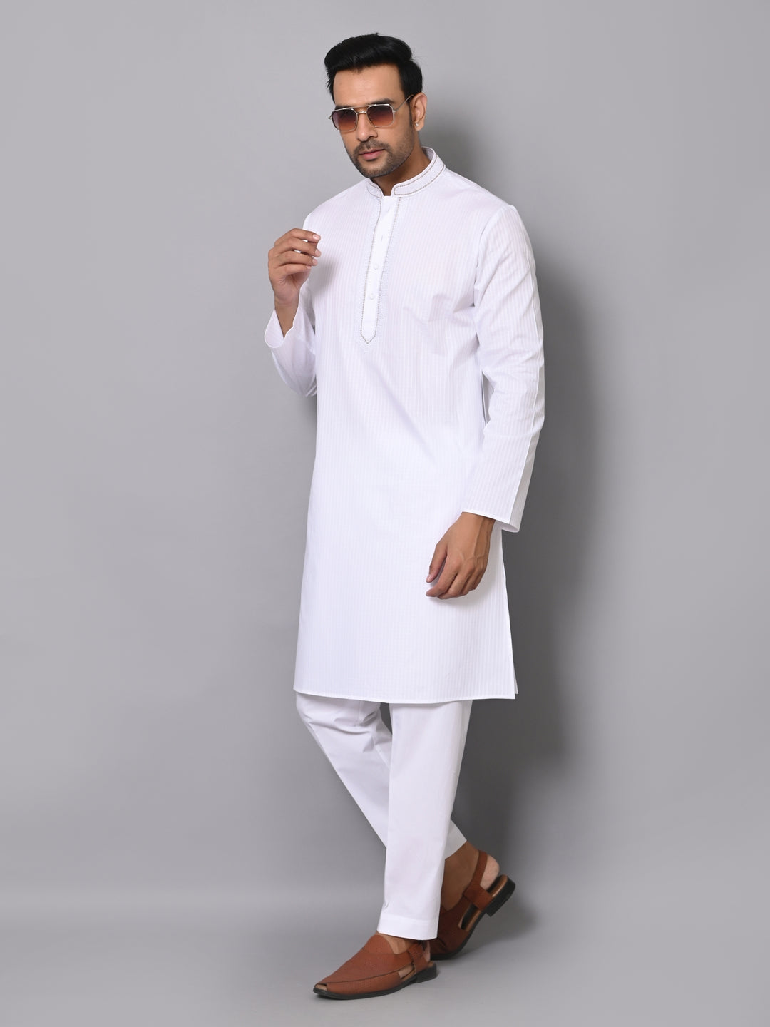 Striped White Kurta Set - KM40363-4