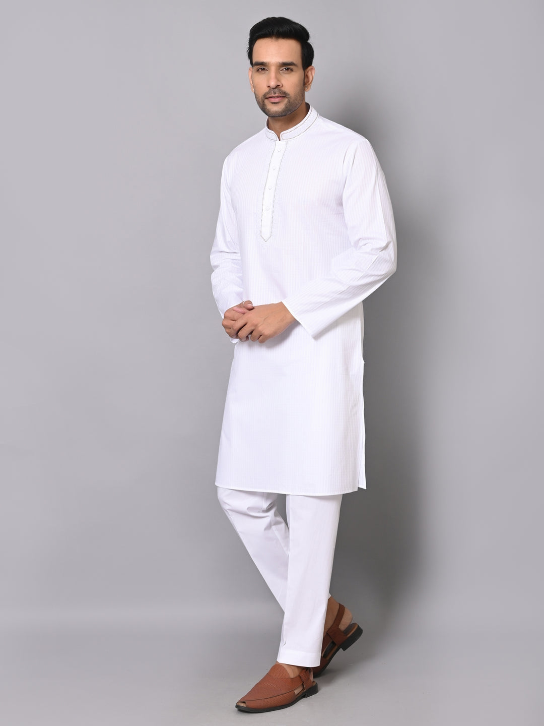 Striped White Kurta Set - KM40363-4