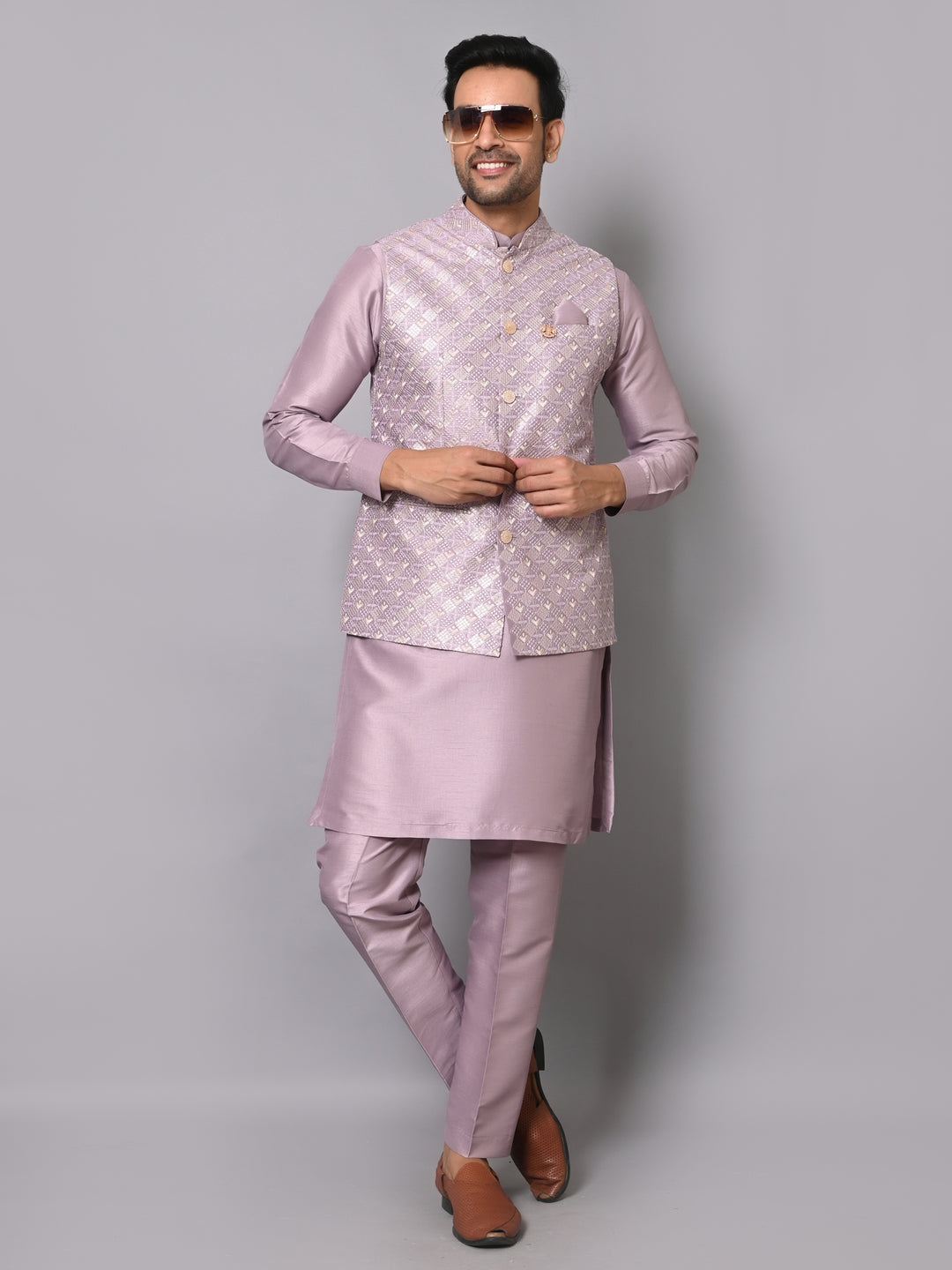 Ethnic Motifs Wine Jacket Kurta Set - K2704-104