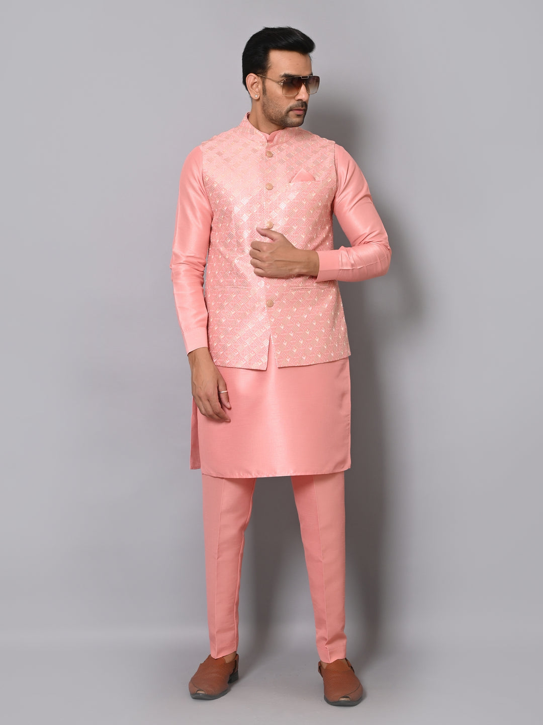 Ethnic Motifs Peach Jacket Kurta Set - K2704-44