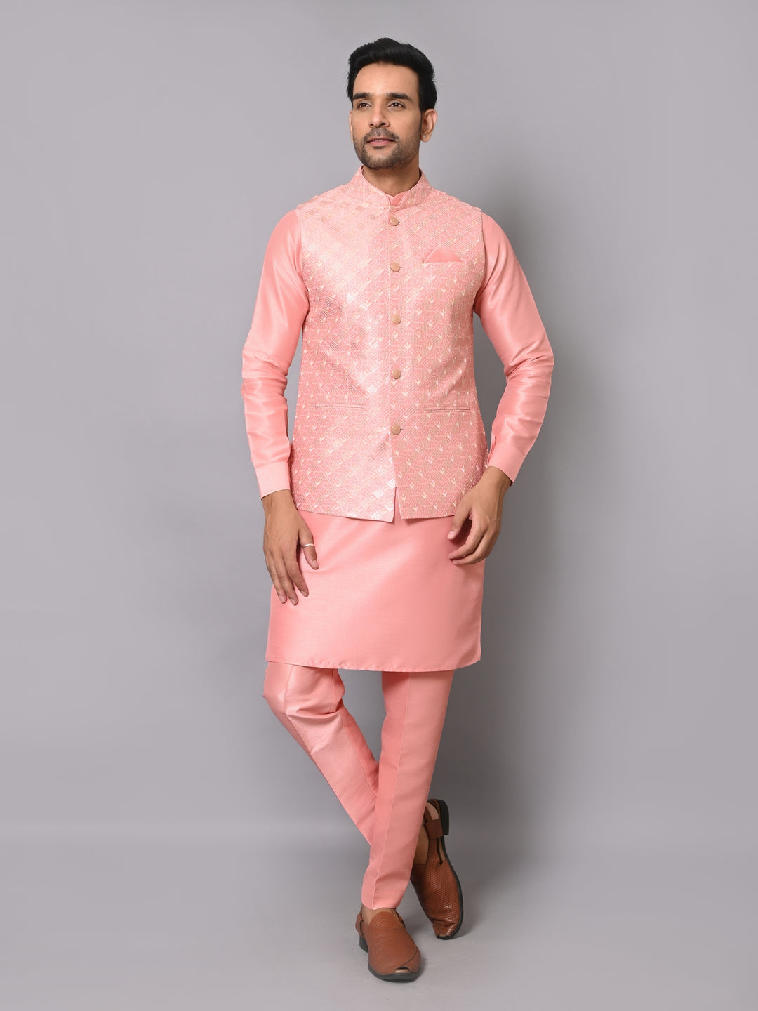 Ethnic Motifs Peach Jacket Kurta Set - K2704-44