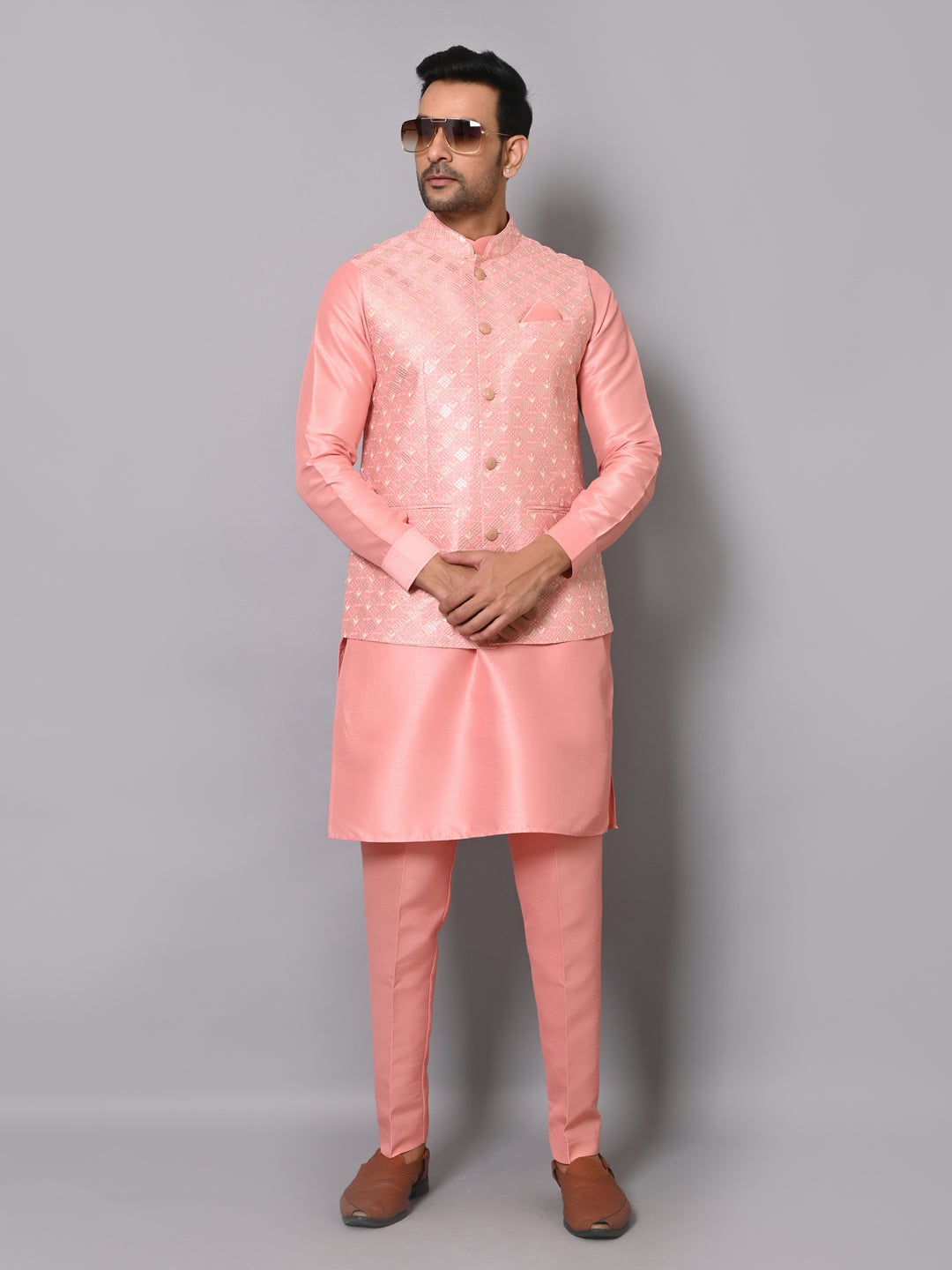 Ethnic Motifs Peach Jacket Kurta Set - K2704-44