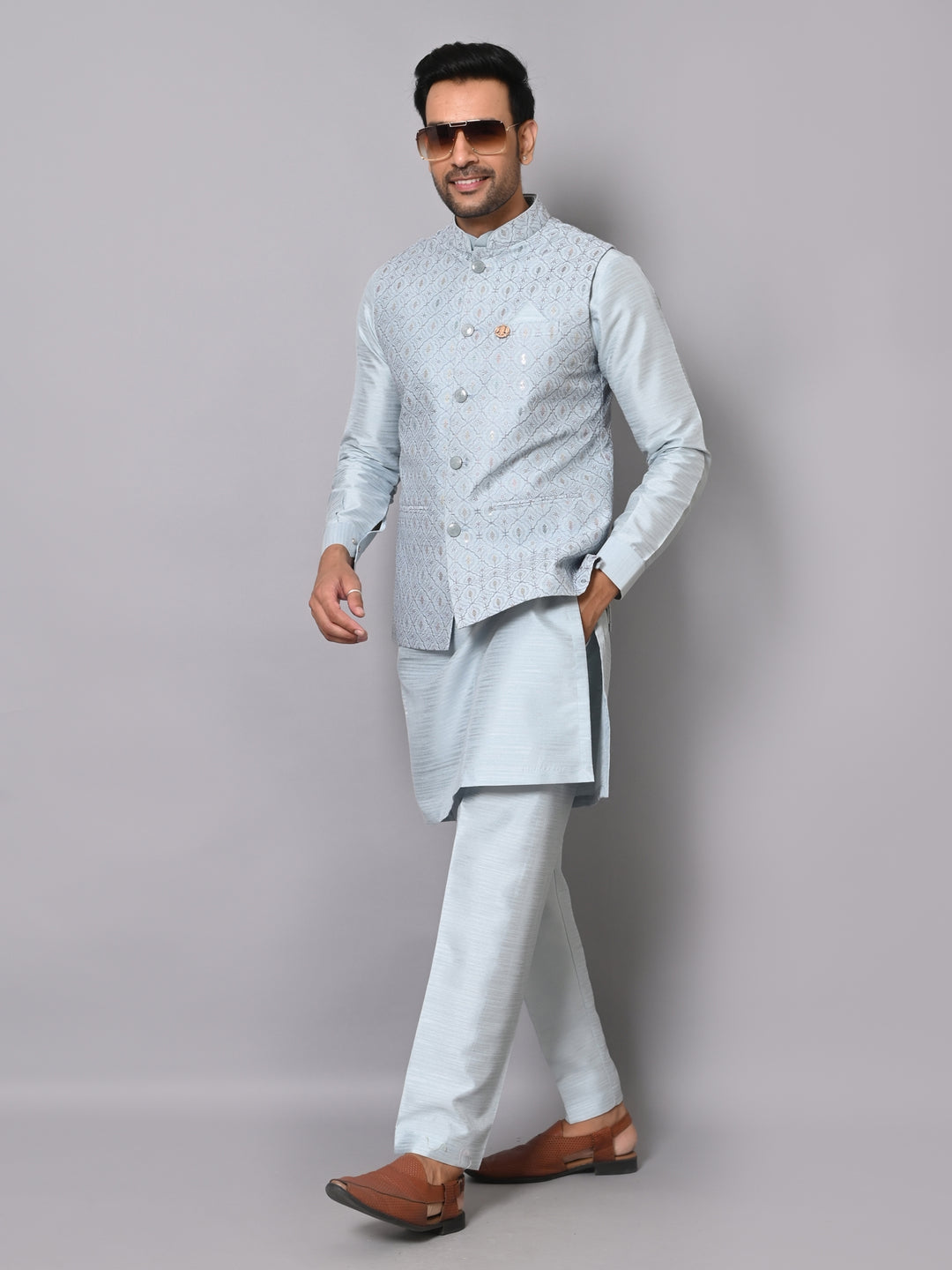 Ethnic Motifs Blue Jacket Kurta Set - K2633-G976