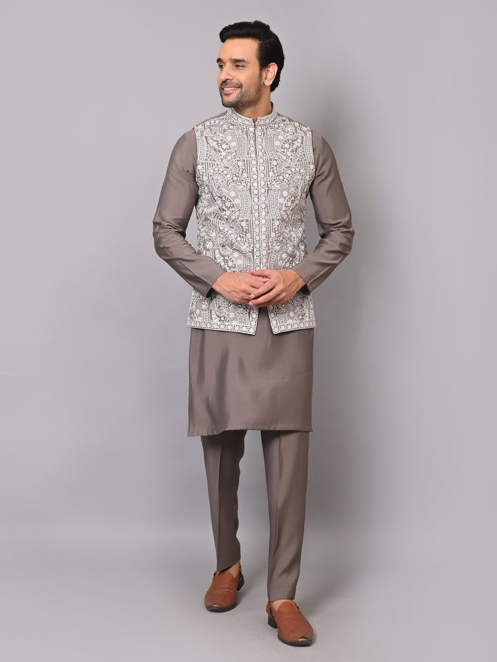 Woven Design Grey Jacket Kurta Set - K2756-1013