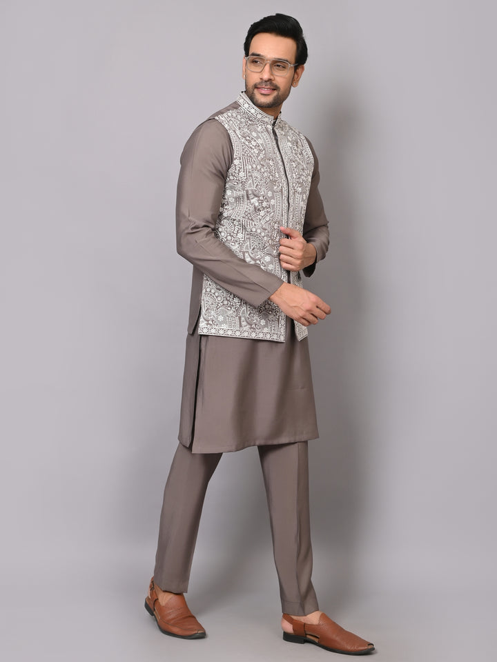 Woven Design Grey Jacket Kurta Set - K2756-1013