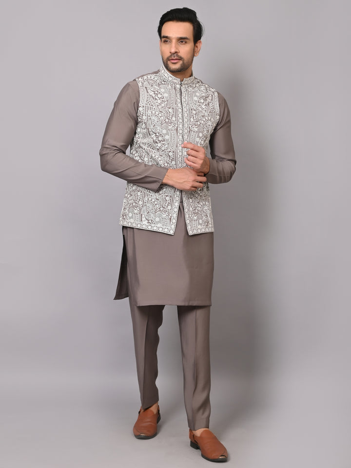 Woven Design Grey Jacket Kurta Set - K2756-1013