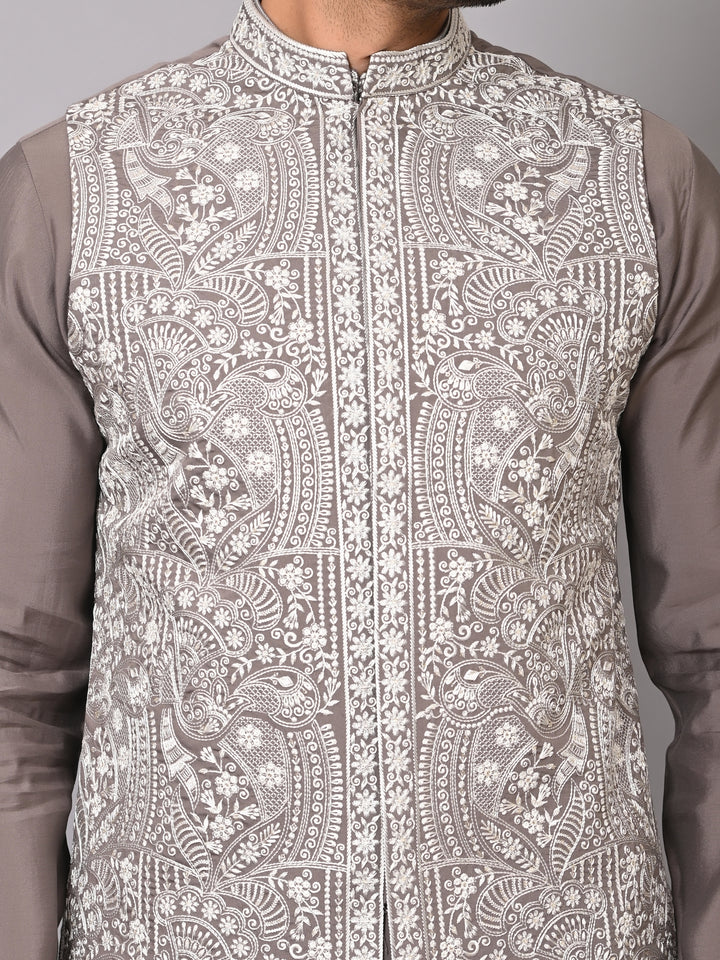 Woven Design Grey Jacket Kurta Set - K2756-1013