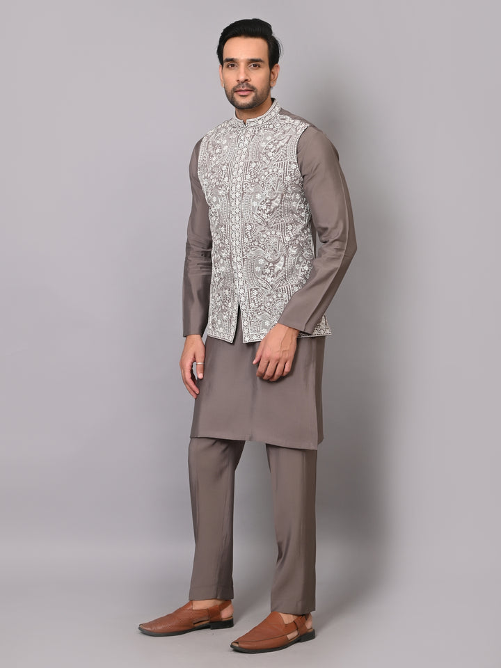 Woven Design Grey Jacket Kurta Set - K2756-1013