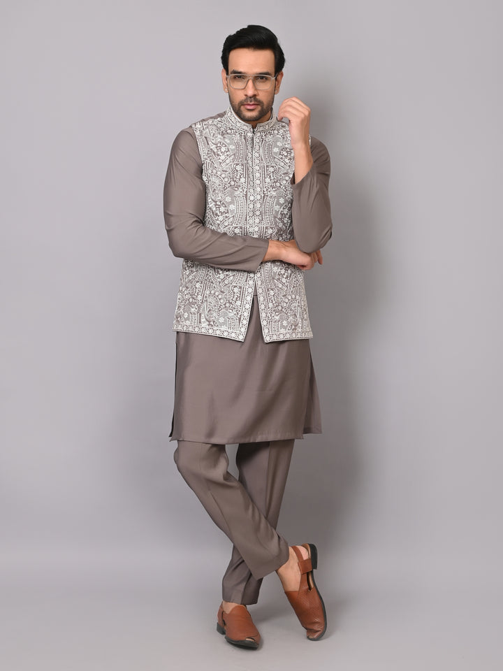 Woven Design Grey Jacket Kurta Set - K2756-1013