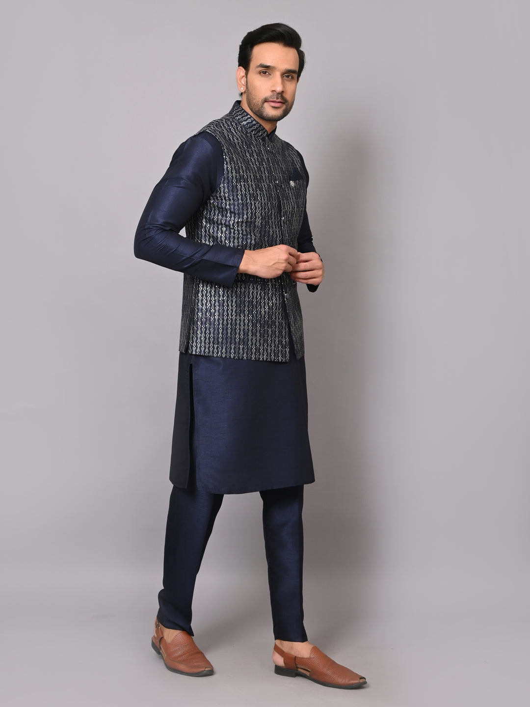 Sequence Navy Blue Jacket Kurta Set - JM40555-26