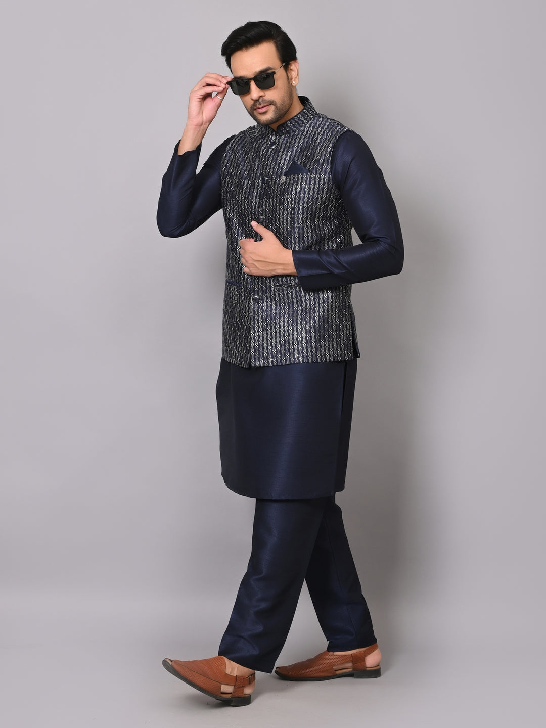 Sequence Navy Blue Jacket Kurta Set - JM40555-26