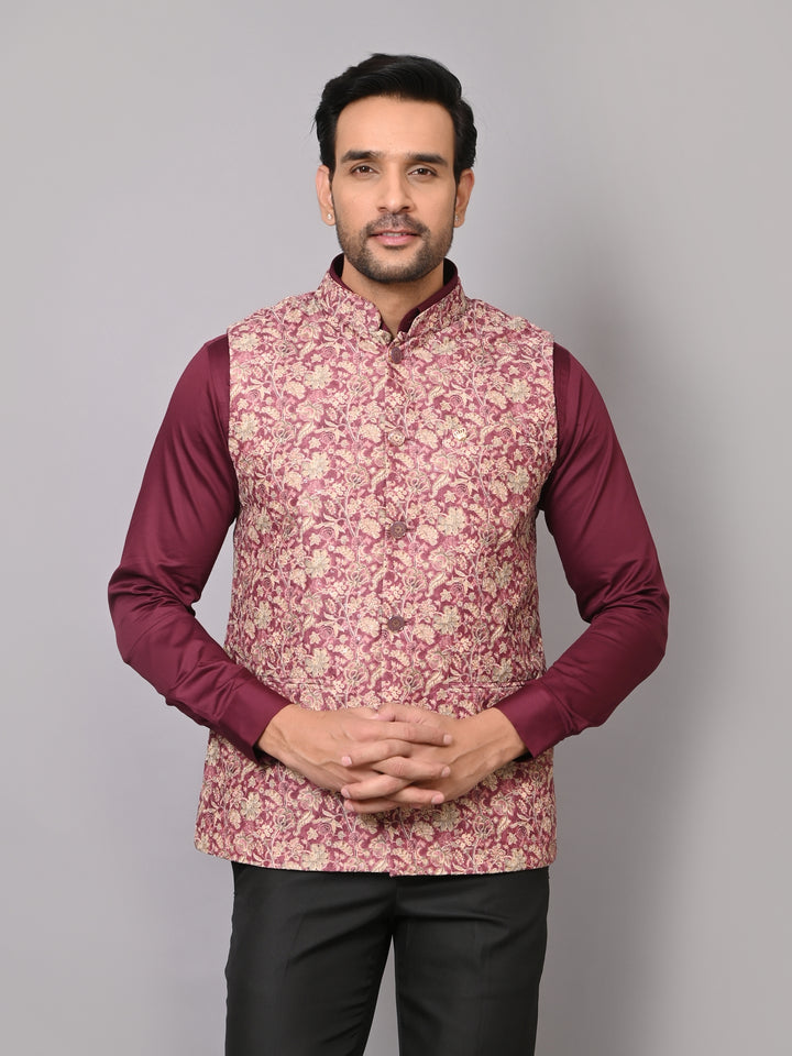 Floral Wine Nehru Jacket - B40491-1006F