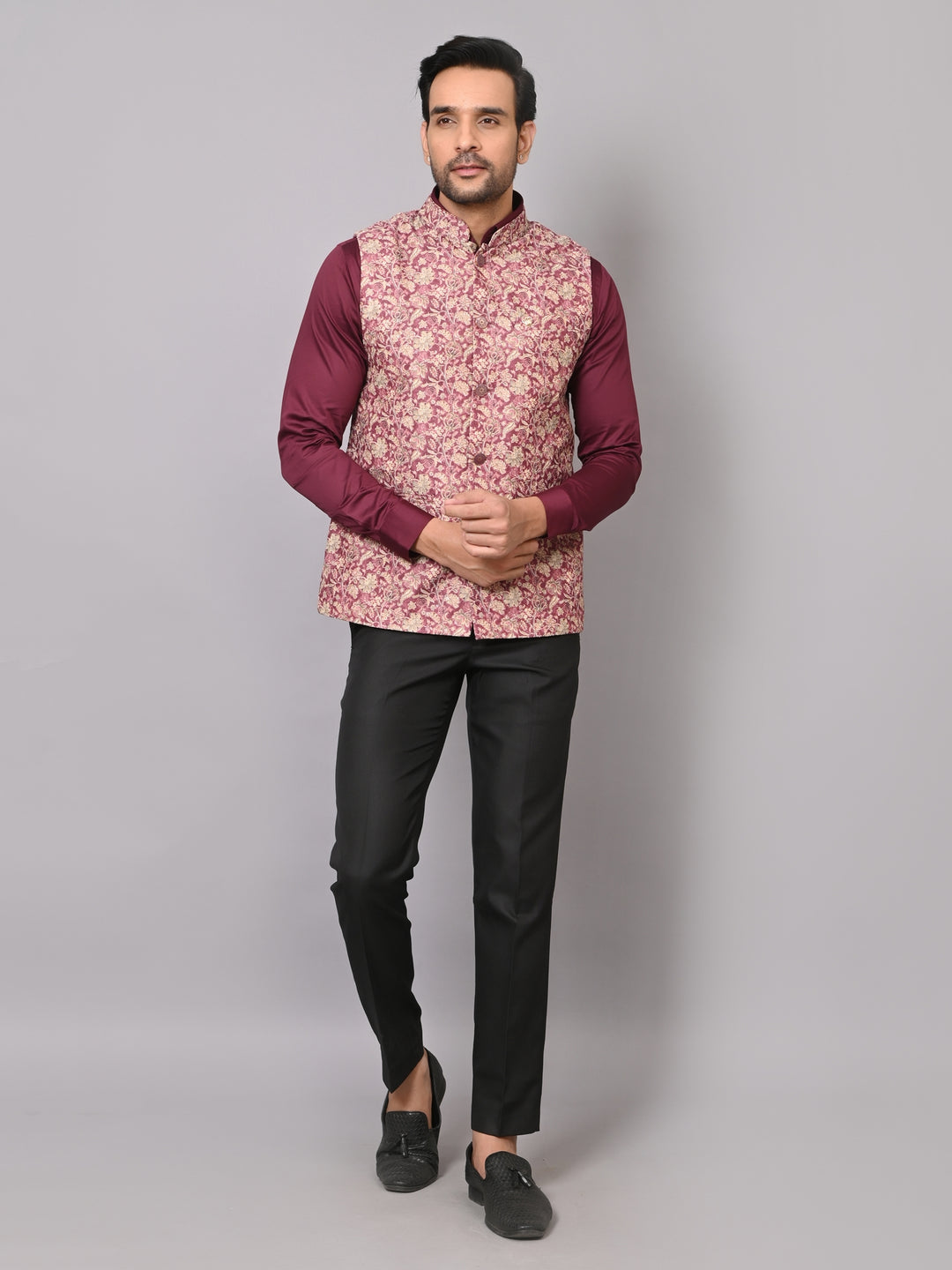 Floral Wine Nehru Jacket - B40491-1006F