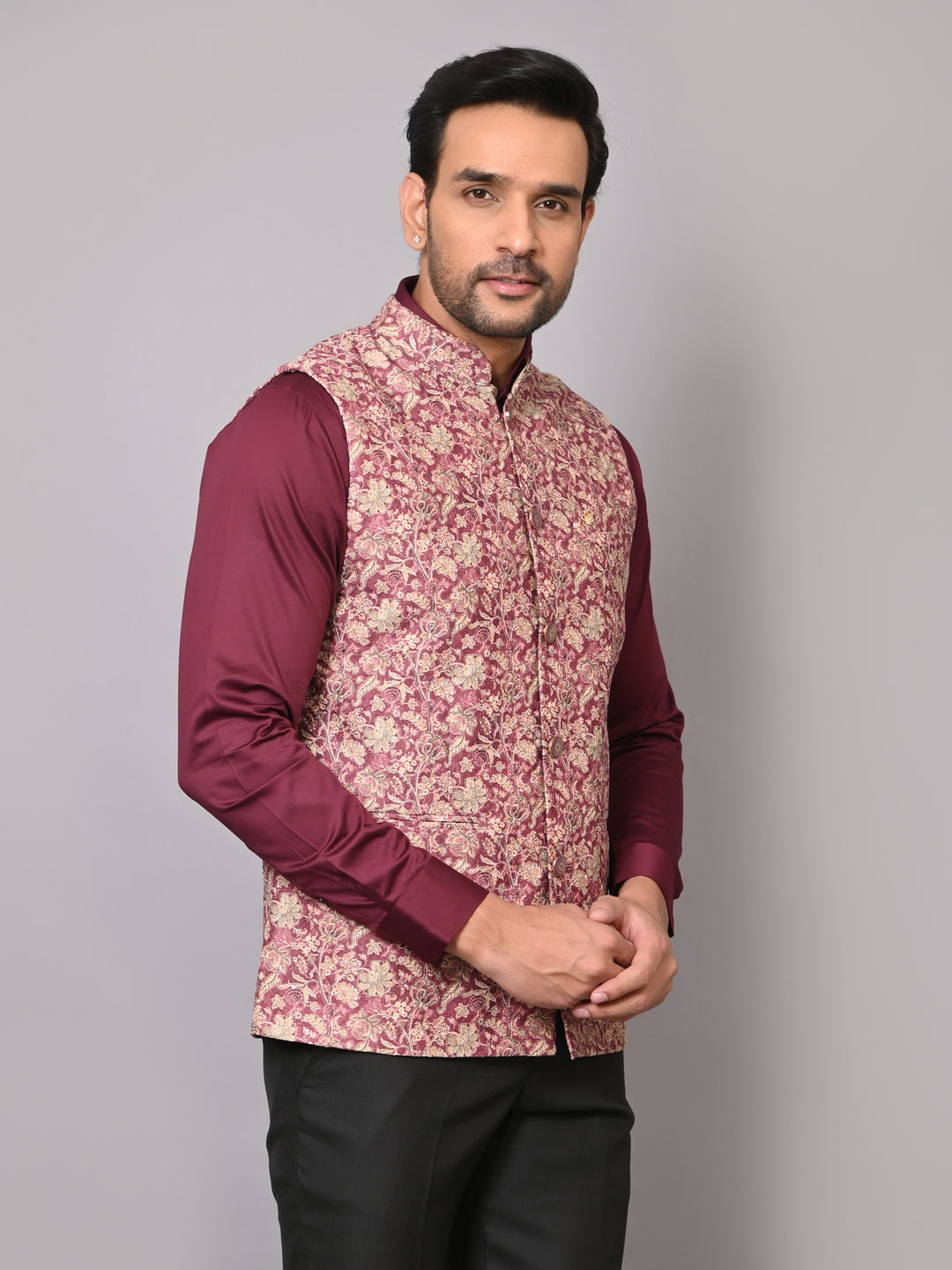 Floral Wine Nehru Jacket - B40491-1006F