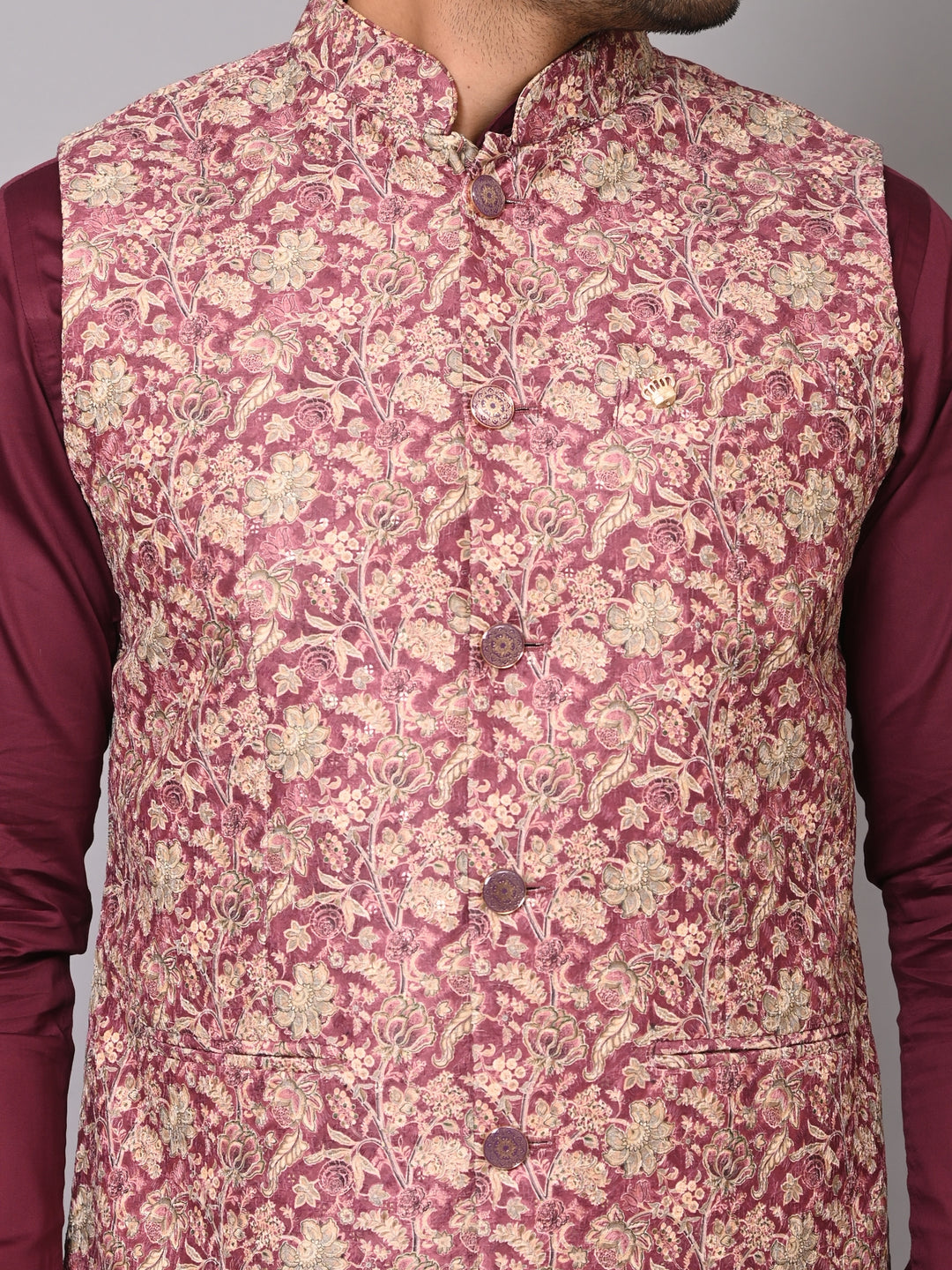 Floral Wine Nehru Jacket - B40491-1006F