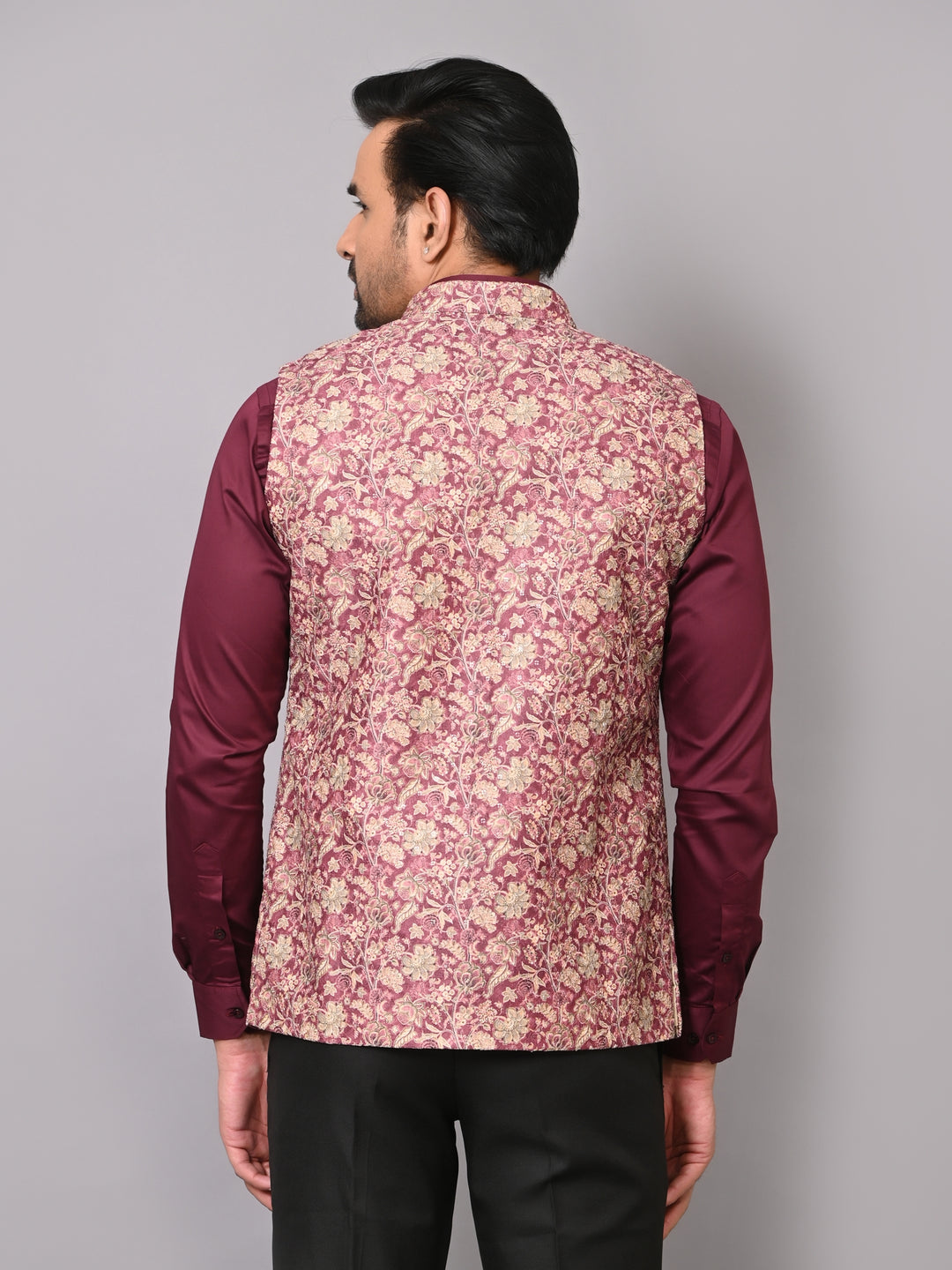 Floral Wine Nehru Jacket - B40491-1006F