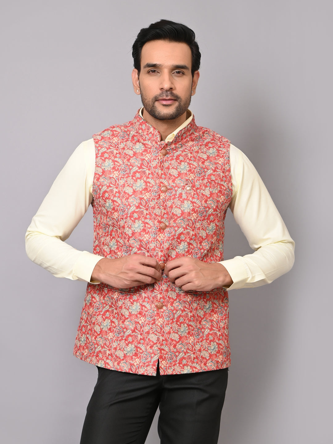 Floral Red Nehru Jacket - B40491-1006A