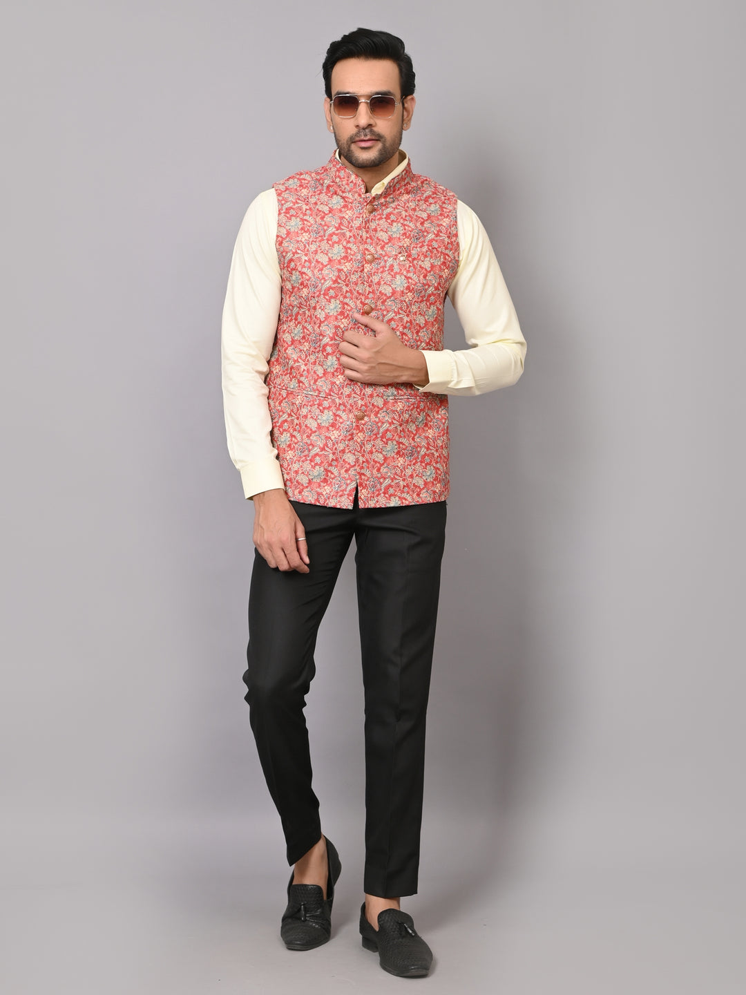 Floral Red Nehru Jacket - B40491-1006A