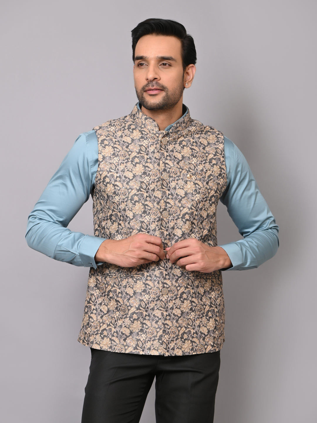 Floral Grey Nehru Jacket - B40491-1006H