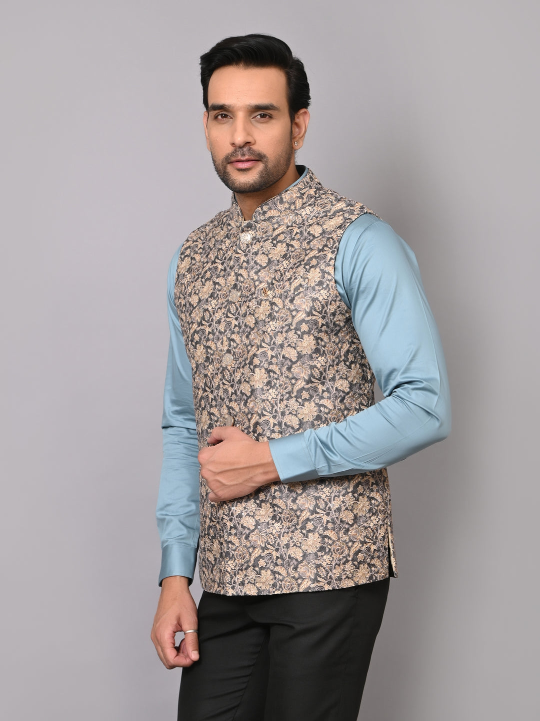 Floral Grey Nehru Jacket - B40491-1006H