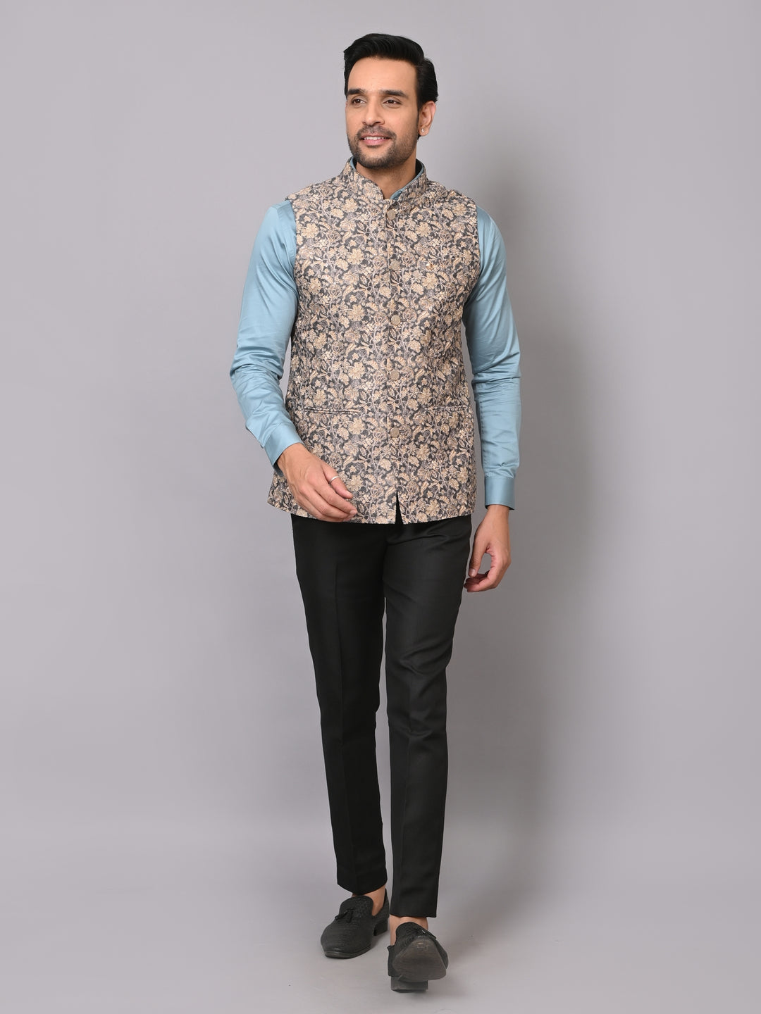 Floral Grey Nehru Jacket - B40491-1006H