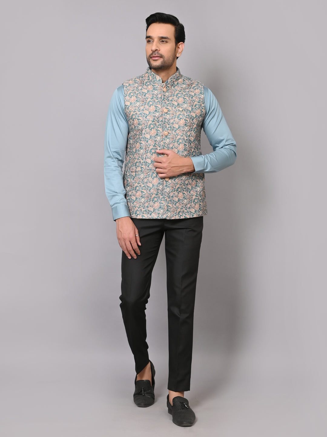 Floral Green Nehru Jacket - B40491-1006D