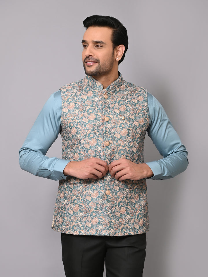 Floral Green Nehru Jacket - B40491-1006D