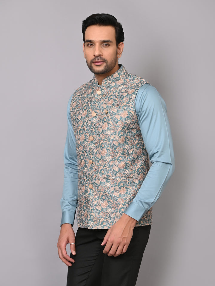 Floral Green Nehru Jacket - B40491-1006D