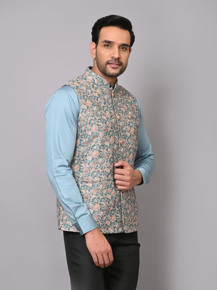 Floral Green Nehru Jacket - B40491-1006D