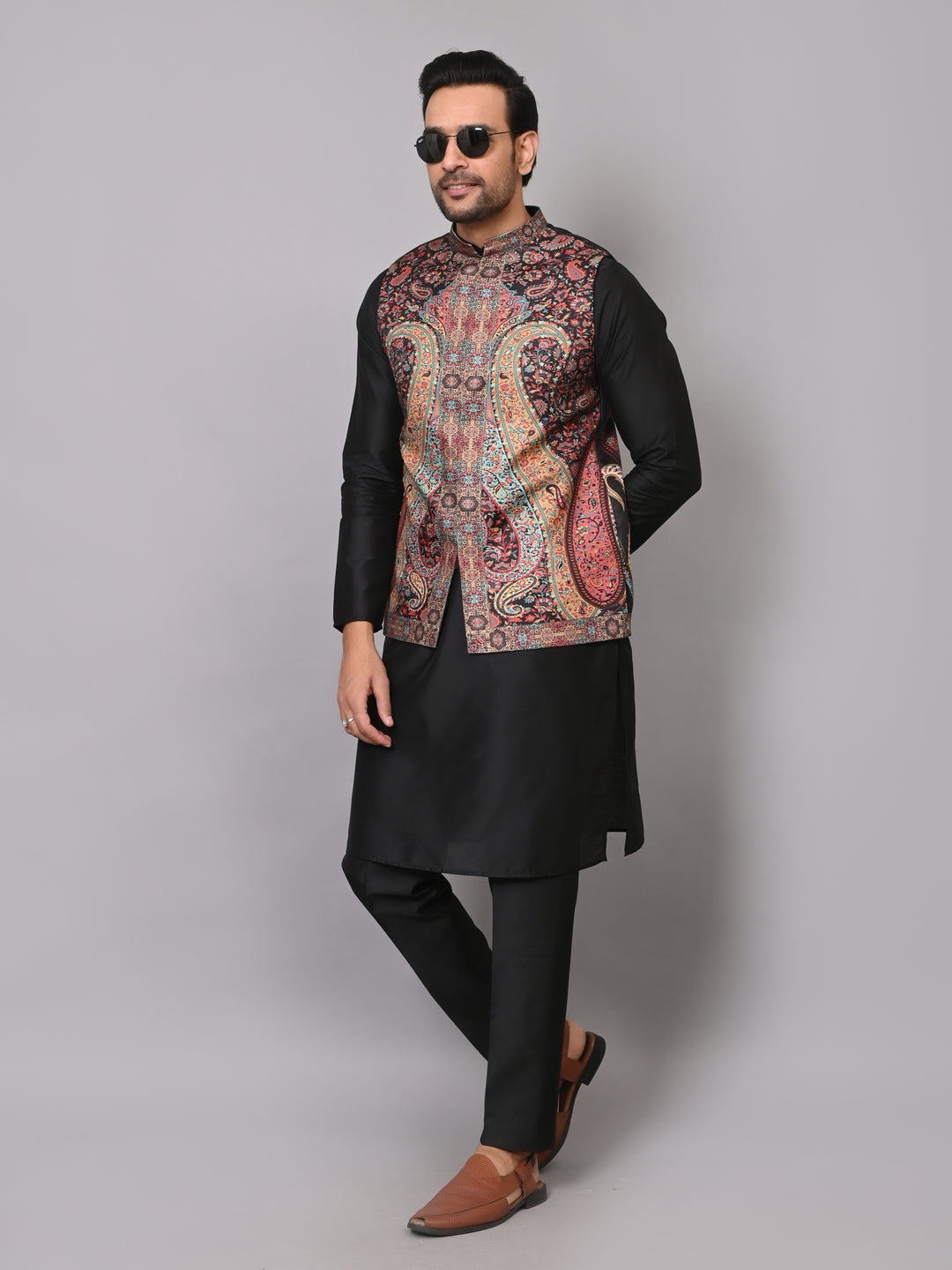 Ethnic Motifs Black Jacket Kurta Set - JM40408-12