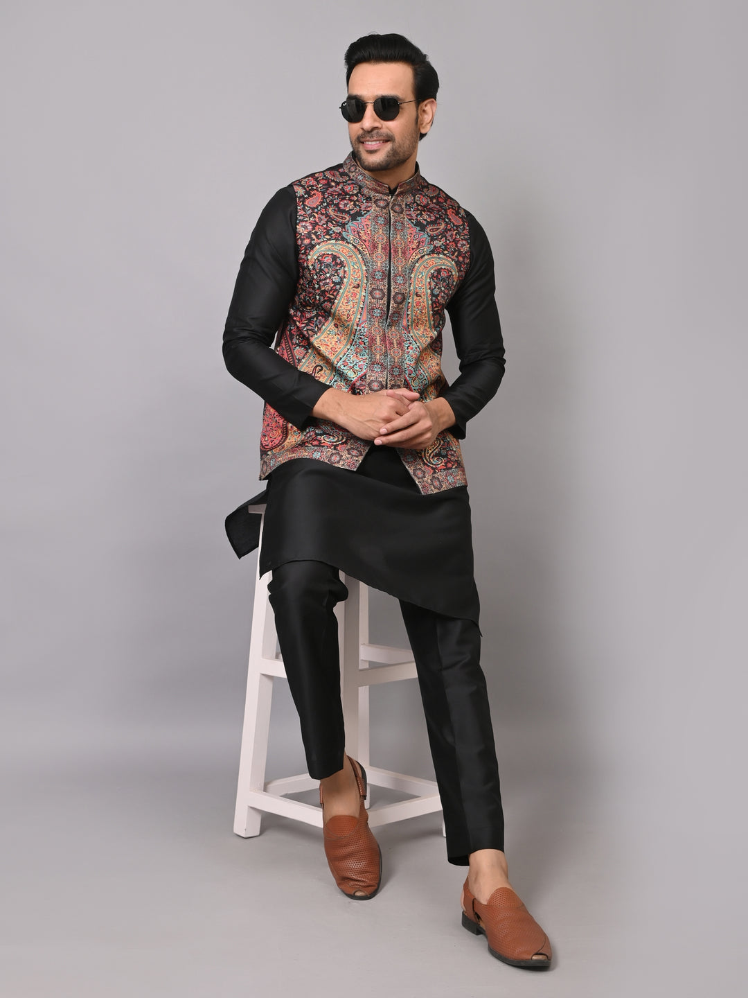 Ethnic Motifs Black Jacket Kurta Set - JM40408-12