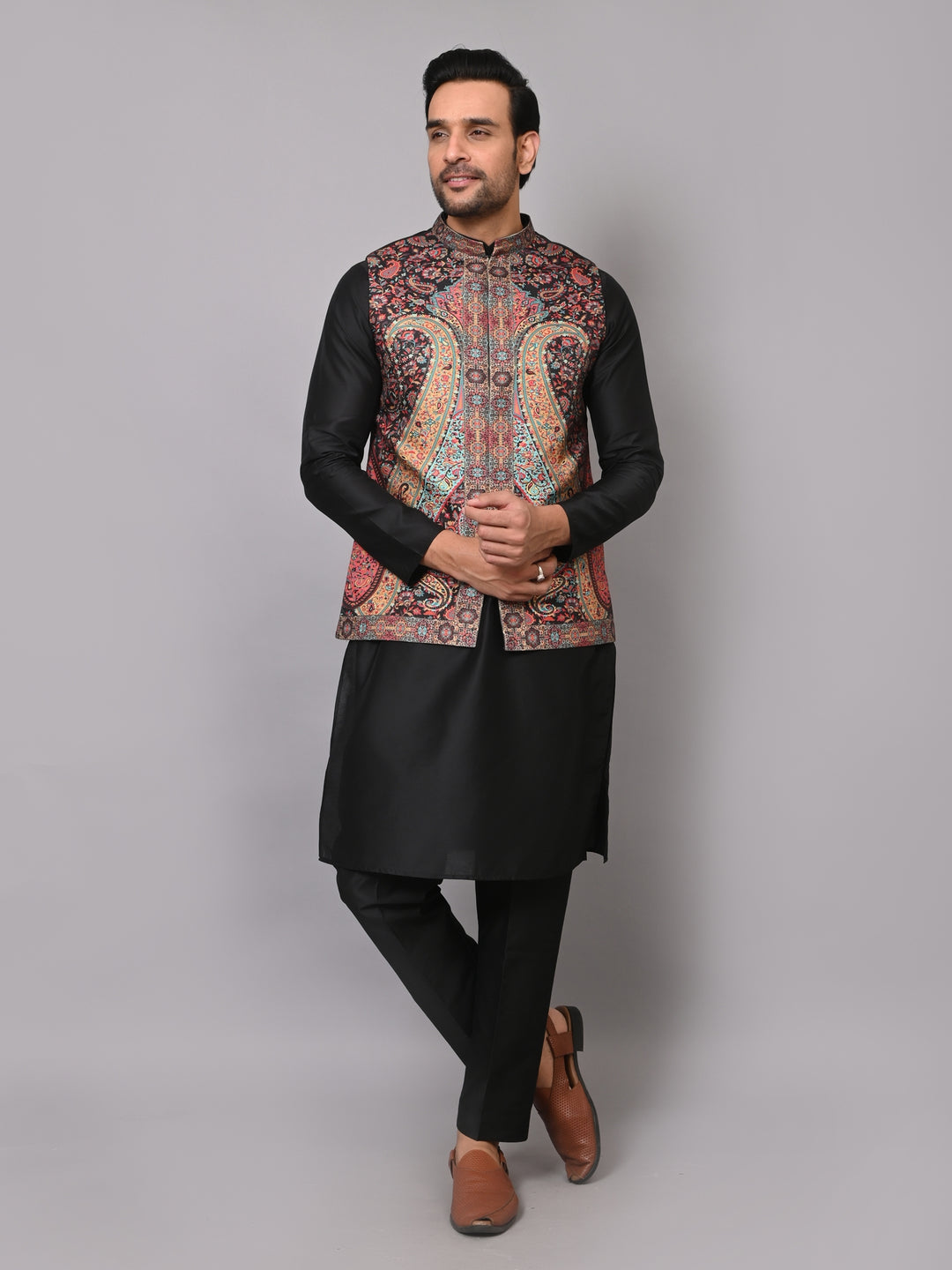 Ethnic Motifs Black Jacket Kurta Set - JM40408-12