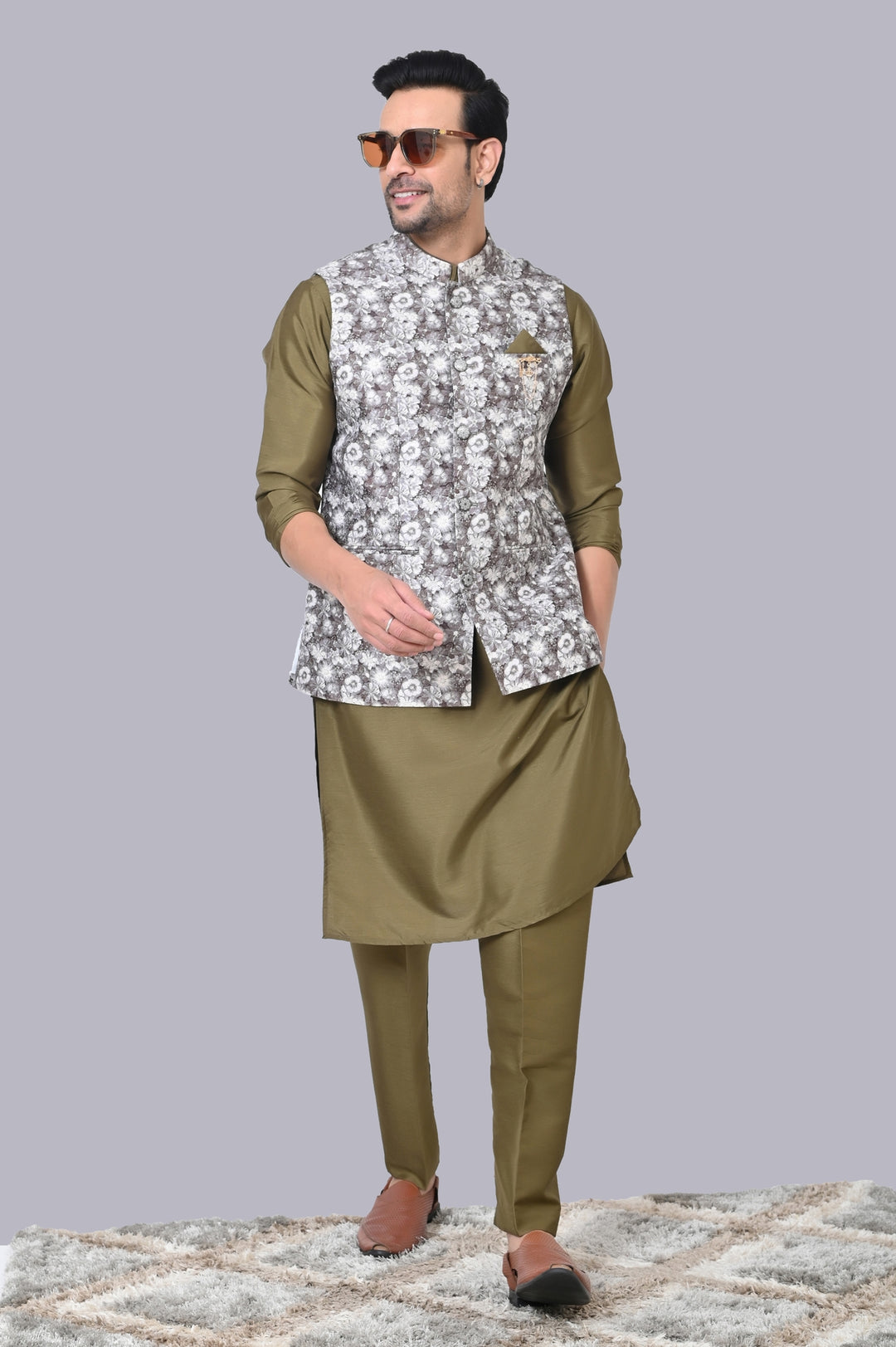 Floral Brown Jacket Kurta Set - JM40412-3