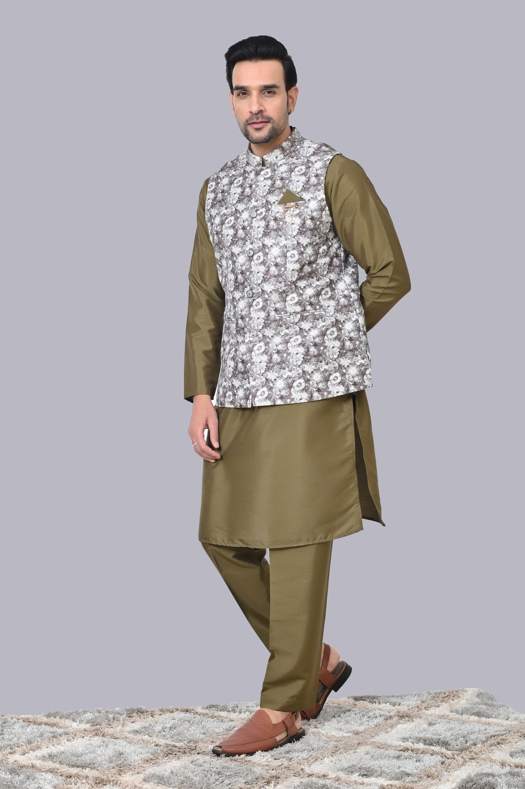 Floral Brown Jacket Kurta Set - JM40412-3