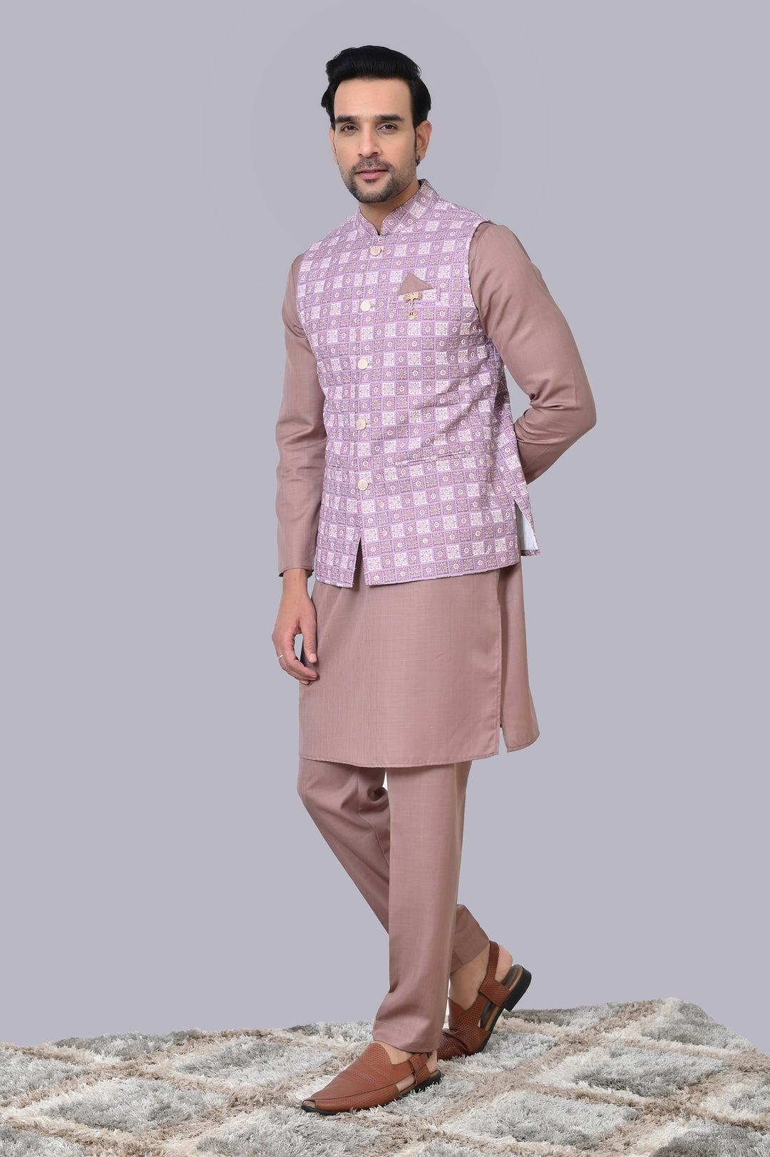 Checked Purple Jacket Kurta Set - JM38226-720E